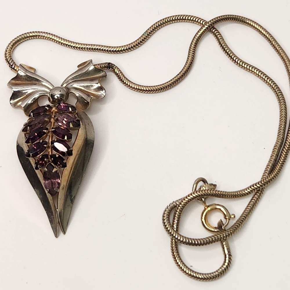 vtg 50s goldtone scitarelli pendant necklace choker amethyst color glass stones
